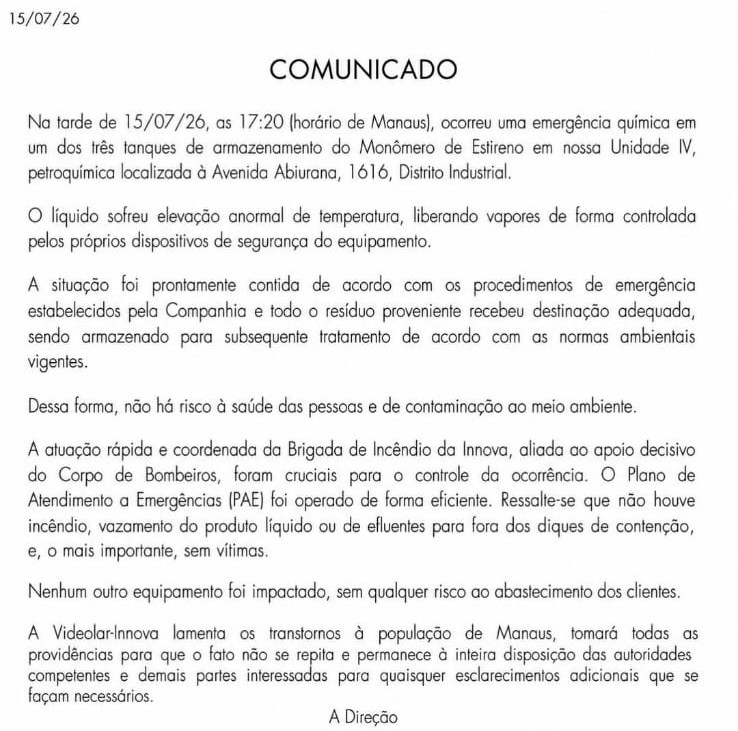Innova descarta riscos à saúde, enquanto Defesa Civil mantém alerta após vazamento de gás em Manaus 1 WhatsApp Image 2026 07 16 at 11.45.24 1